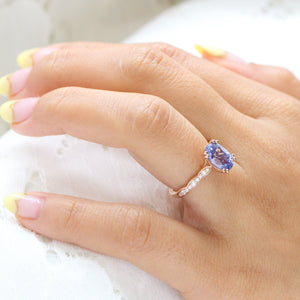 2.78 Ct. Large Purple Sapphire Ring in 14k Rose Gold Scalloped Diamond Band, Size 6.5