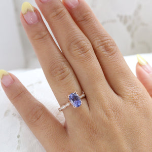 2.78 Ct. Large Purple Sapphire Ring in 14k Rose Gold Scalloped Diamond Band, Size 6.5