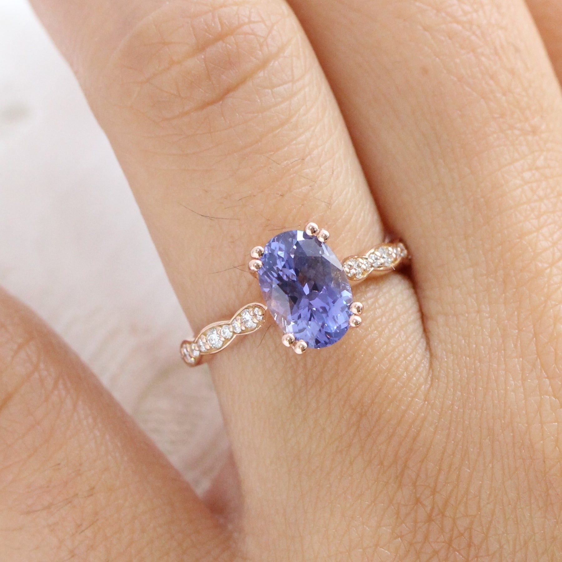 2.78 Ct. Large Purple Sapphire Ring in 14k Rose Gold Scalloped Diamond Band, Size 6.5