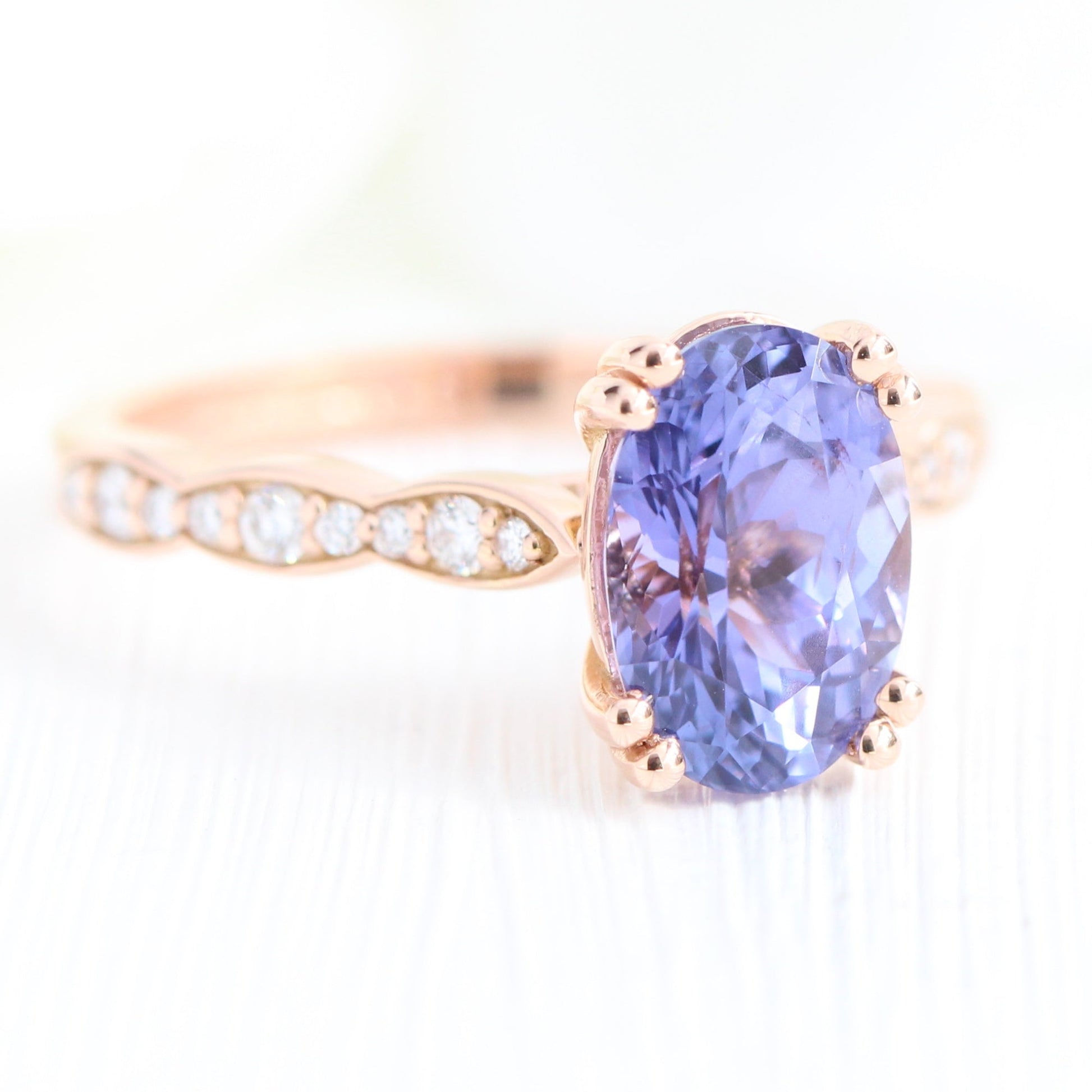 2.78 Ct. Large Purple Sapphire Ring in 14k Rose Gold Scalloped Diamond Band, Size 6.5