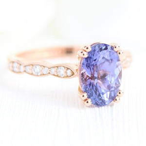 2.78 Ct. Large Purple Sapphire Ring in 14k Rose Gold Scalloped Diamond Band, Size 6.5
