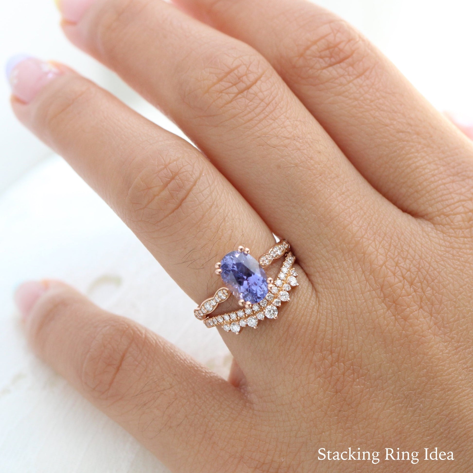 2.78 Ct. Large Purple Sapphire Ring in 14k Rose Gold Scalloped Diamond Band, Size 6.5