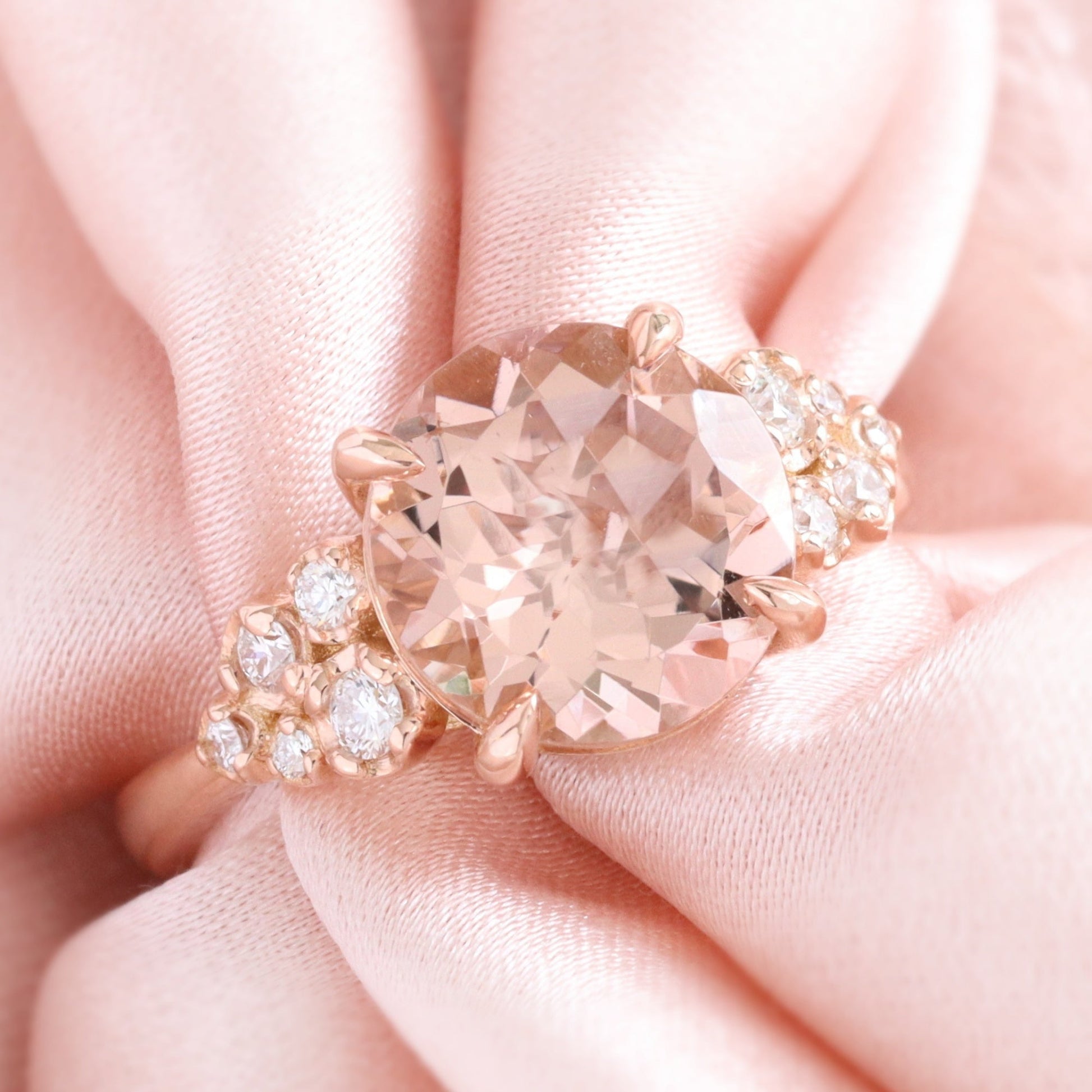 3.36 Ct Large Morganite Diamond Ring in 14k Rose Gold Floral Cluster Ring Size 6.75