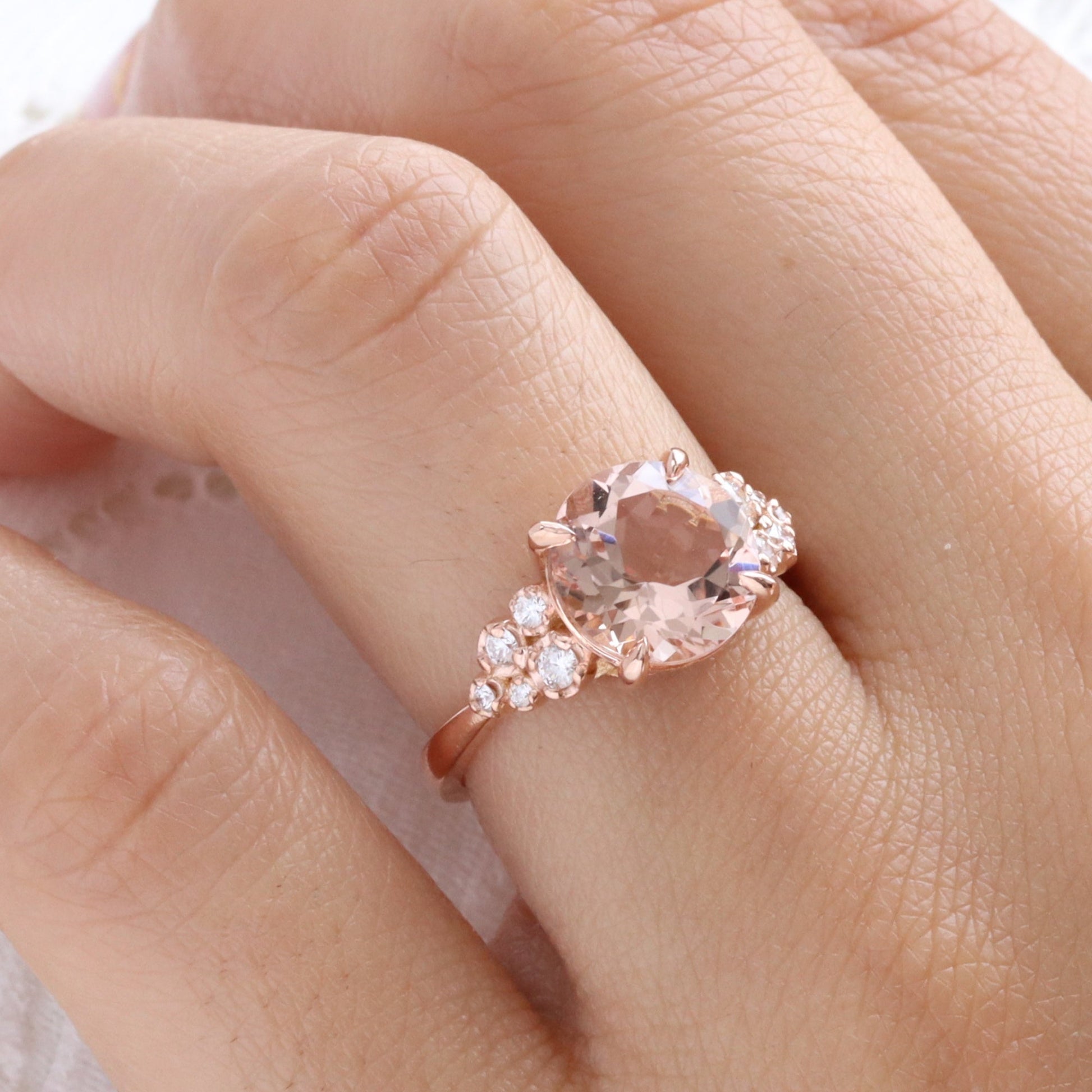 3.36 Ct Large Morganite Diamond Ring in 14k Rose Gold Floral Cluster Ring Size 6.75