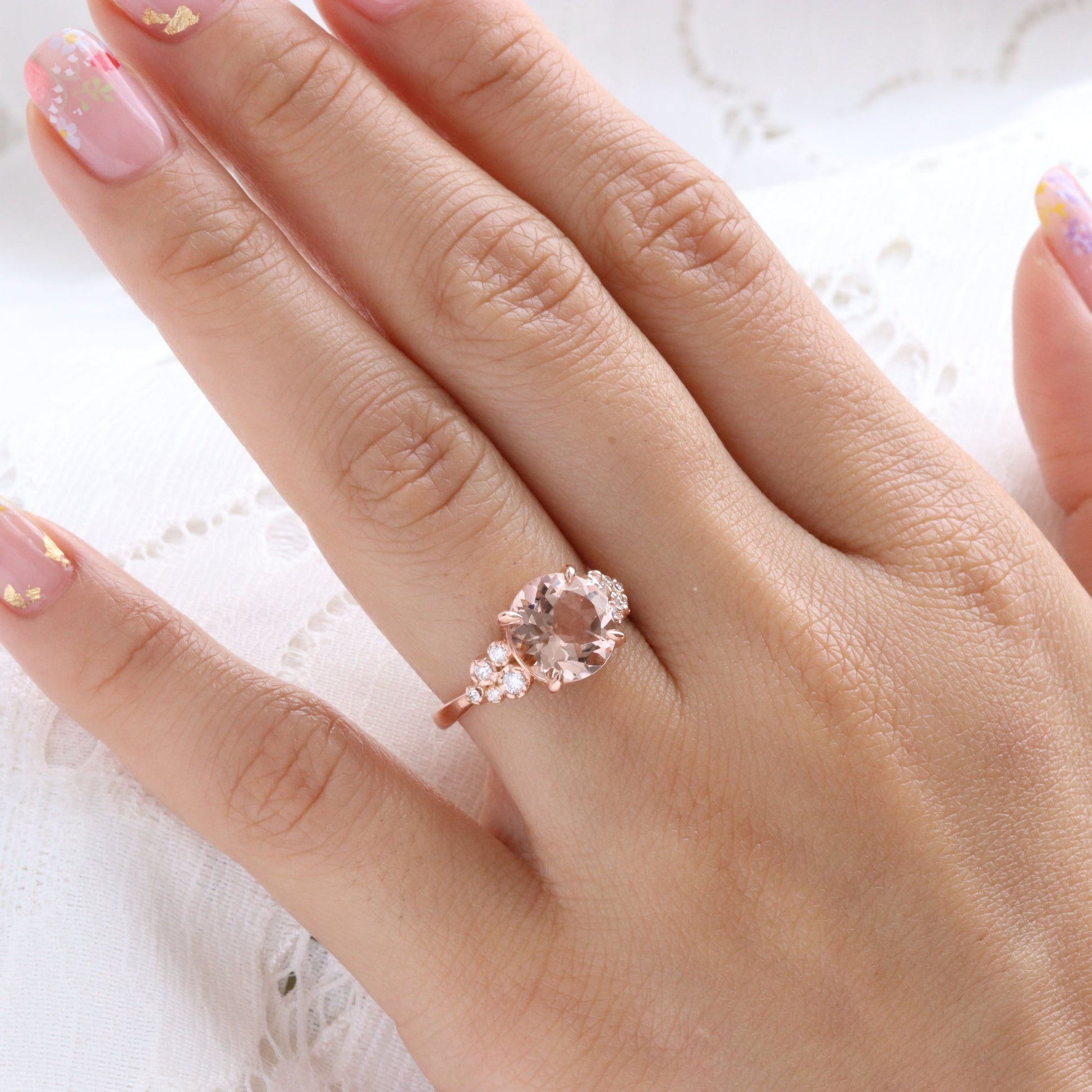 3.36 Ct Large Morganite Diamond Ring in 14k Rose Gold Floral Cluster Ring Size 6.75