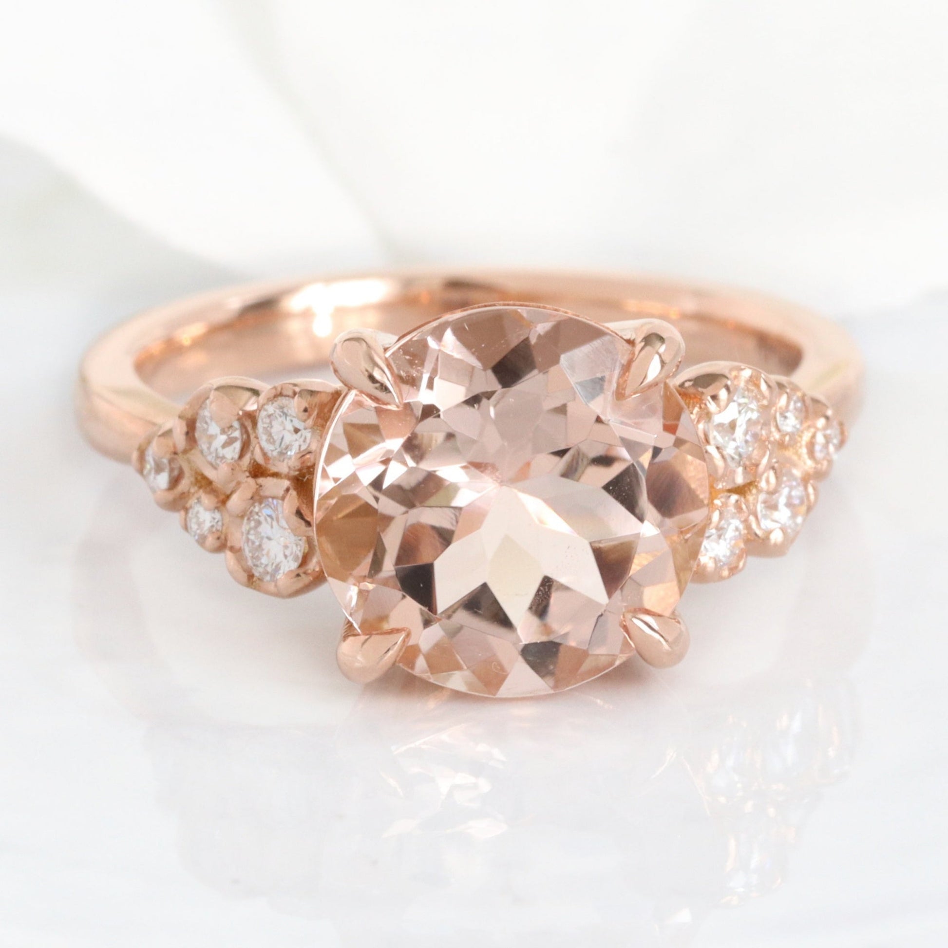 3.36 Ct Large Morganite Diamond Ring in 14k Rose Gold Floral Cluster Ring Size 6.75