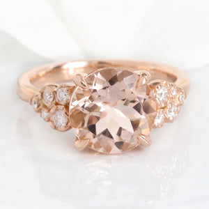 3.36 Ct Large Morganite Diamond Ring in 14k Rose Gold Floral Cluster Ring Size 6.75