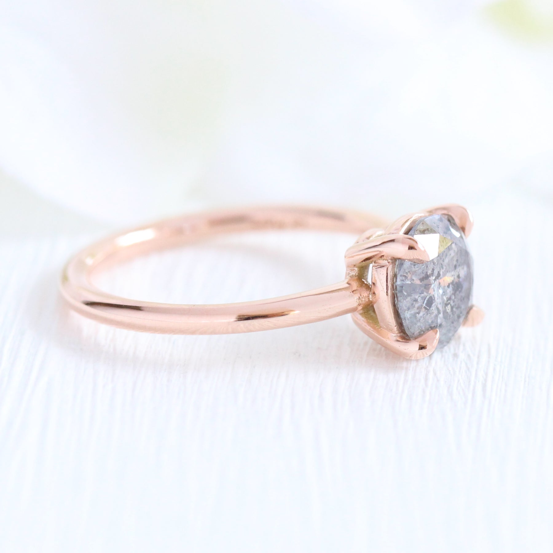 1.54 Ct Large Salt and Pepper Diamond Ring in 14k Rose Gold Low Profile Solitaire Ring, Size 5.5