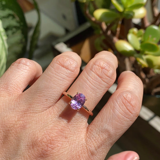 1.90 Ct Oval Lavender Sapphire Ring in 14k Rose Gold Low Profile Solitaire Ring, Size 6.25