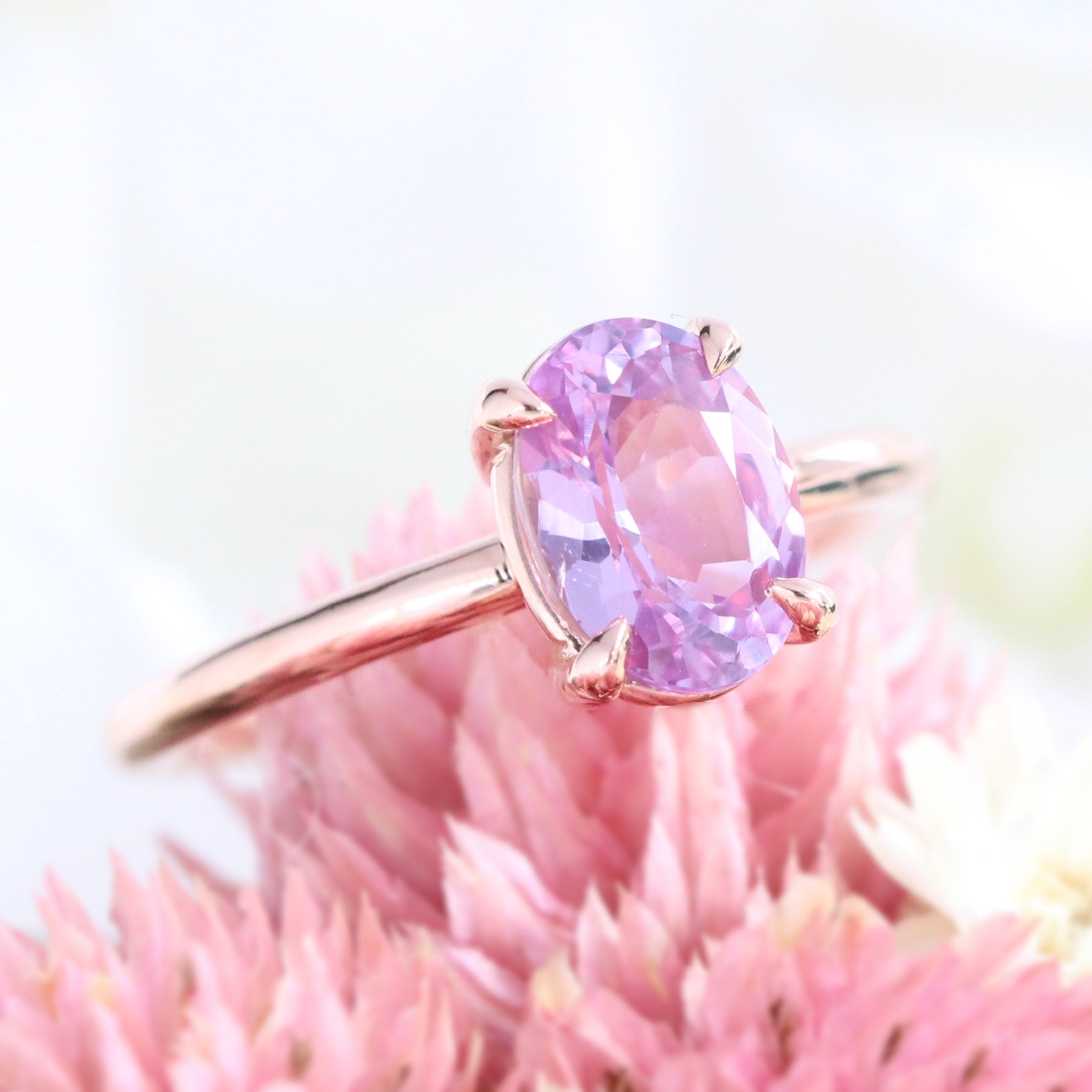 1.90 Ct Oval Lavender Sapphire Ring in 14k Rose Gold Low Profile Solitaire Ring, Size 6.25