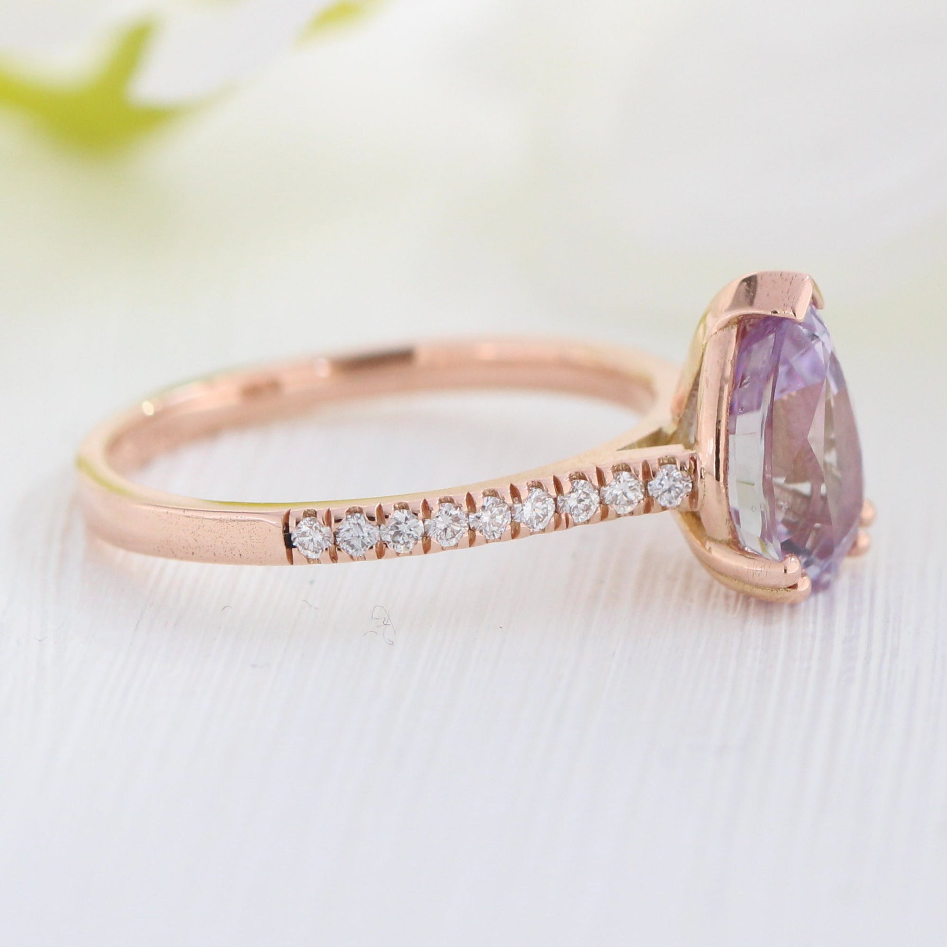 2.39 Ct. Pear Lavender Sapphire Ring in 14k Rose Gold Pave Diamond Band, Size 6.25
