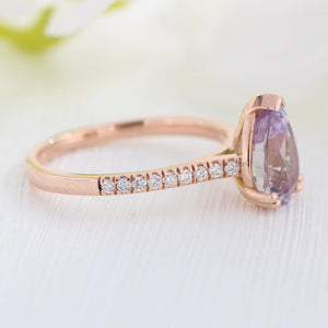 2.39 Ct. Pear Lavender Sapphire Ring in 14k Rose Gold Pave Diamond Band, Size 6.25