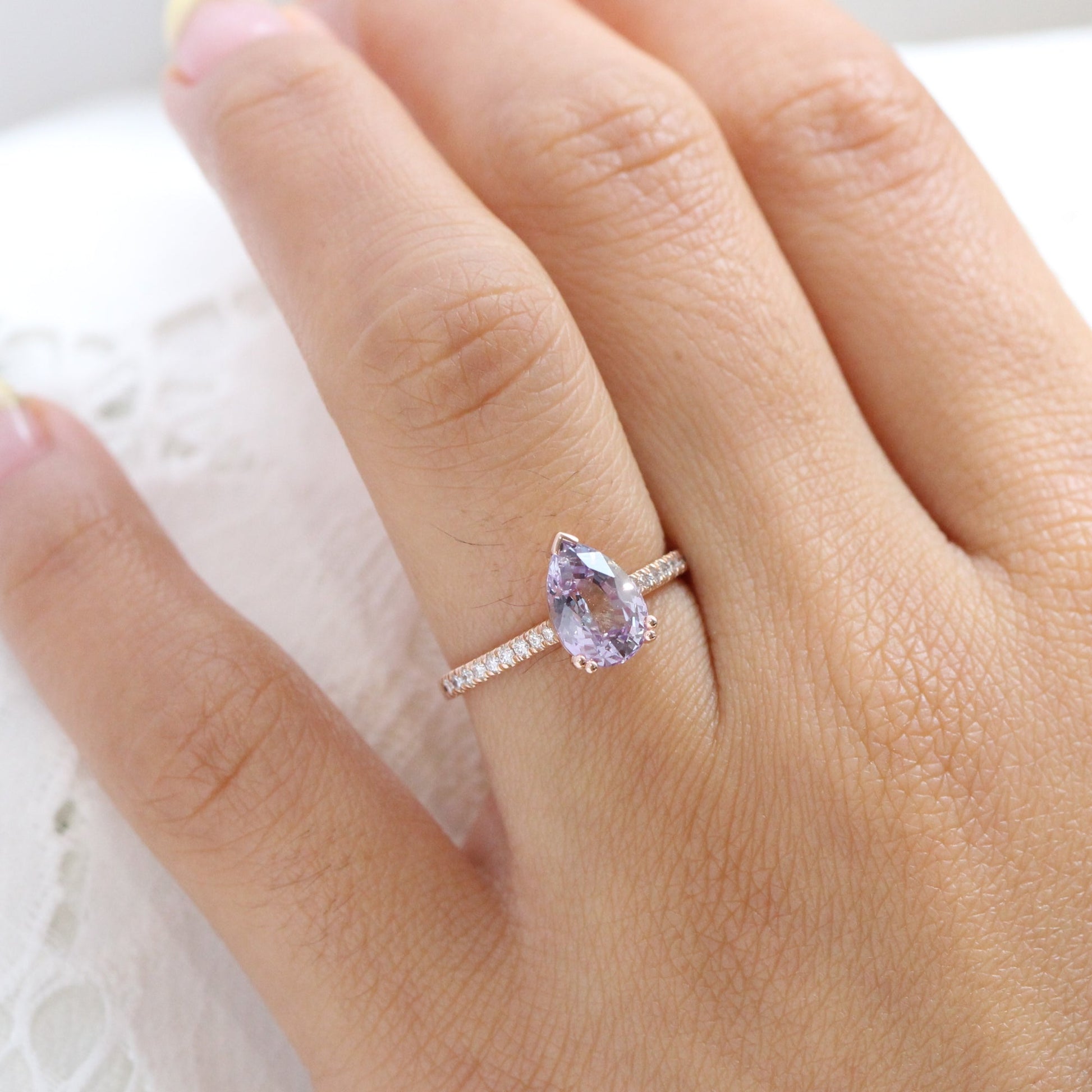 2.39 Ct. Pear Lavender Sapphire Ring in 14k Rose Gold Pave Diamond Band, Size 6.25