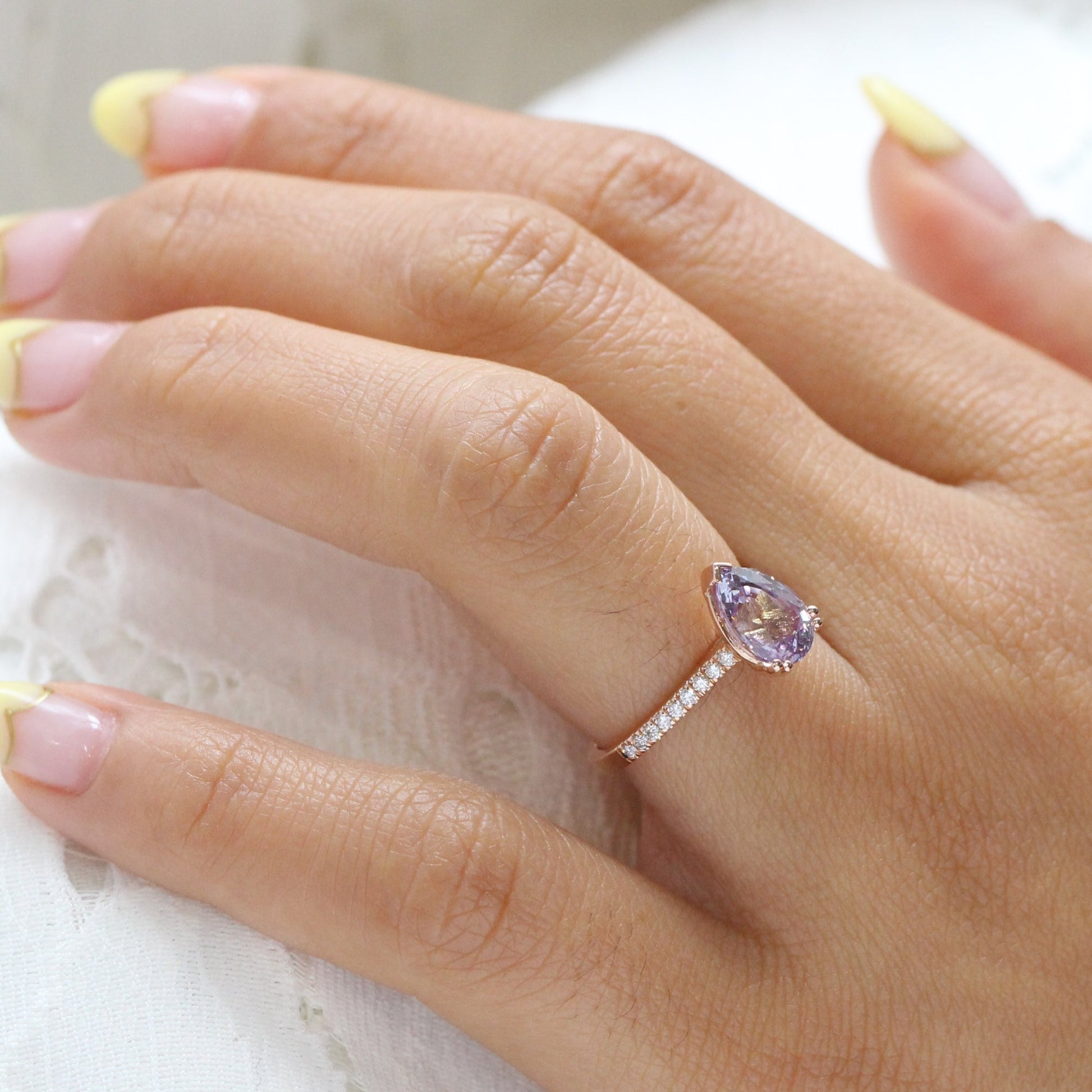 2.39 Ct. Pear Lavender Sapphire Ring in 14k Rose Gold Pave Diamond Band, Size 6.25
