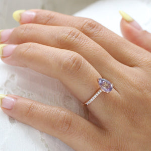 2.39 Ct. Pear Lavender Sapphire Ring in 14k Rose Gold Pave Diamond Band, Size 6.25