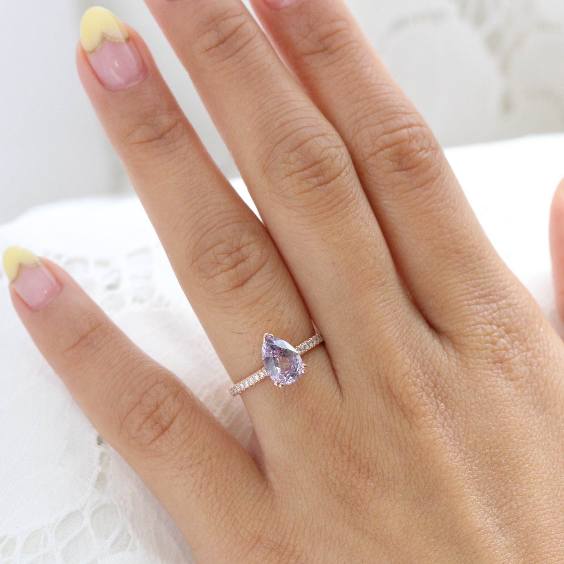 2.39 Ct. Pear Lavender Sapphire Ring in 14k Rose Gold Pave Diamond Band, Size 6.25