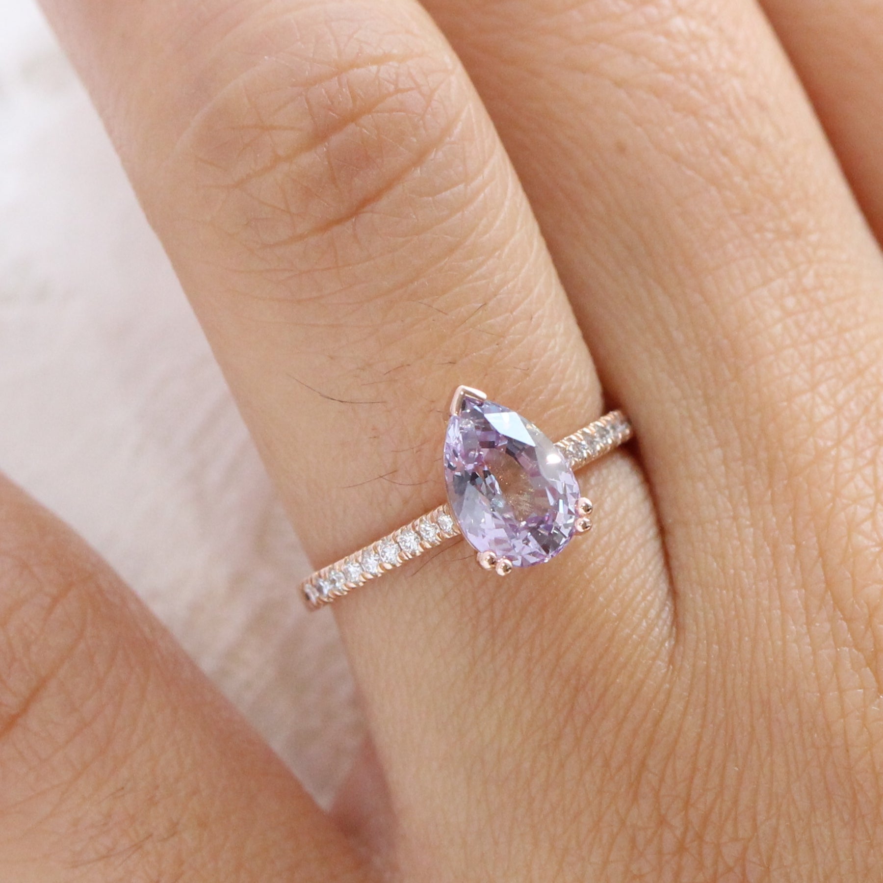 2.39 Ct. Pear Lavender Sapphire Ring in 14k Rose Gold Pave Diamond Band, Size 6.25