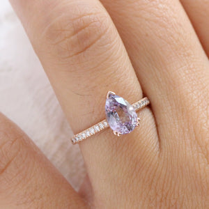 2.39 Ct. Pear Lavender Sapphire Ring in 14k Rose Gold Pave Diamond Band, Size 6.25