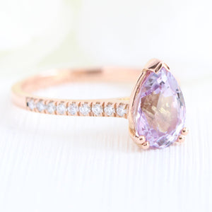 2.39 Ct. Pear Lavender Sapphire Ring in 14k Rose Gold Pave Diamond Band, Size 6.25