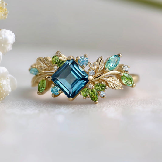 London Topaz Engagement Ring, Princess cut Topaz Engagement ring, Solid Gold Nature Inspired Leafy Engagement Ring