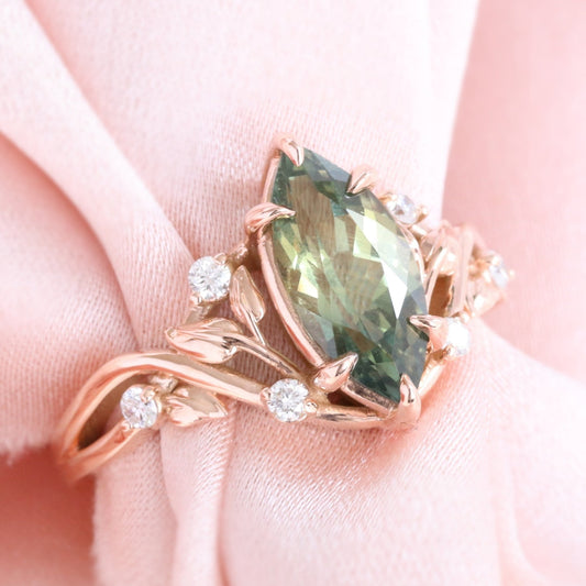 Marquise Parti Green Sapphire Ring in 14k Rose Gold Floral Leaf Diamond Size 6.75