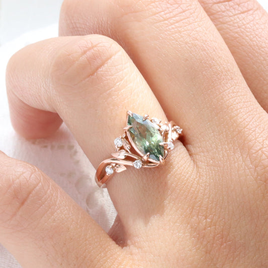 Marquise Parti Green Sapphire Ring in 14k Rose Gold Floral Leaf Diamond Size 6.75