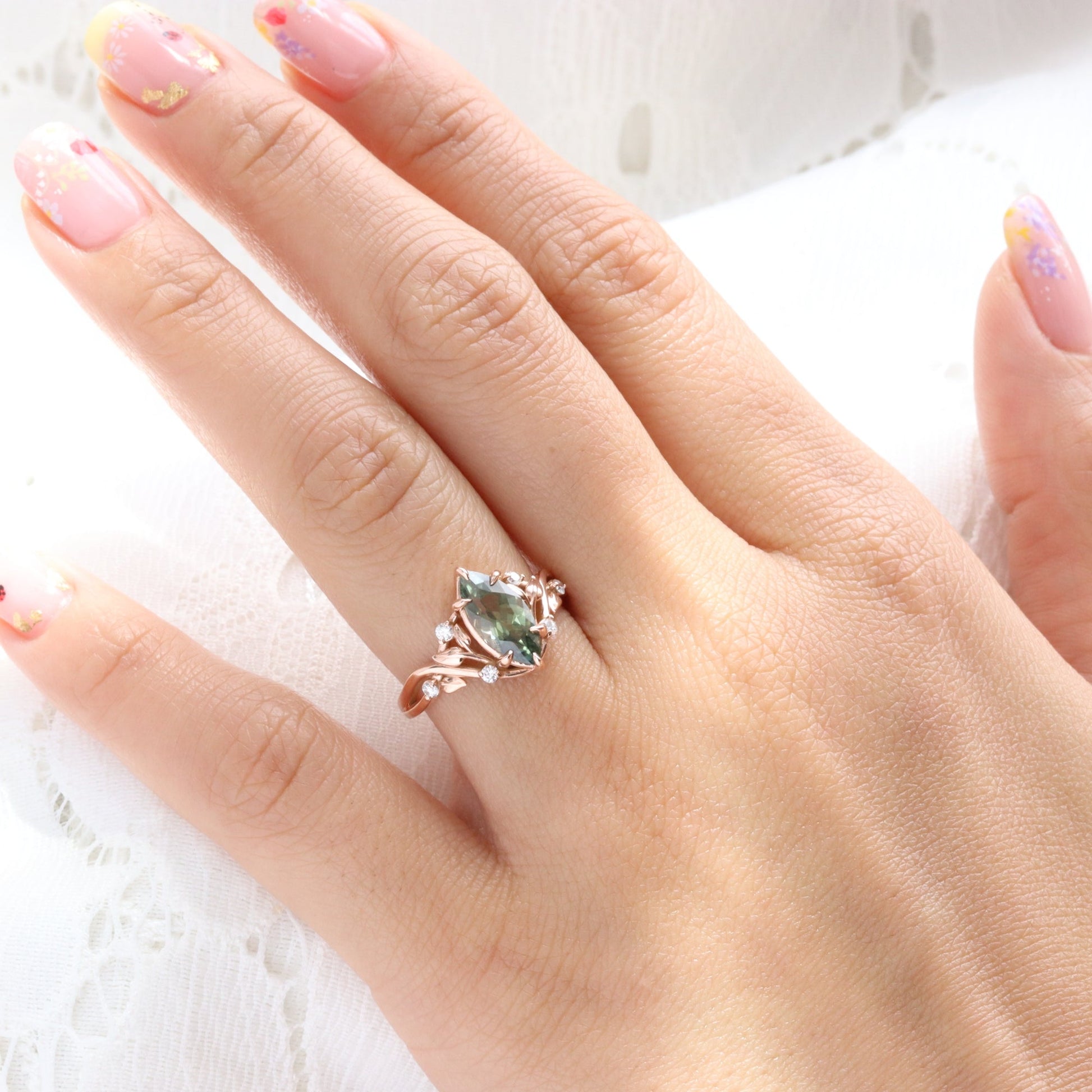 Marquise Parti Green Sapphire Ring in 14k Rose Gold Floral Leaf Diamond Size 6.75