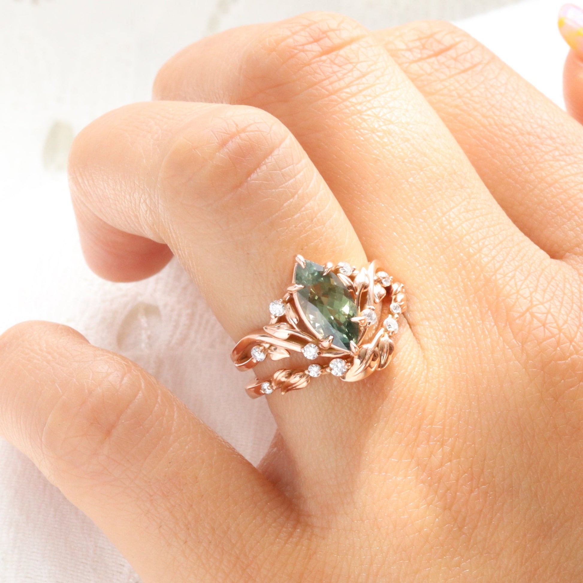 Marquise Parti Green Sapphire Ring in 14k Rose Gold Floral Leaf Diamond Size 6.75