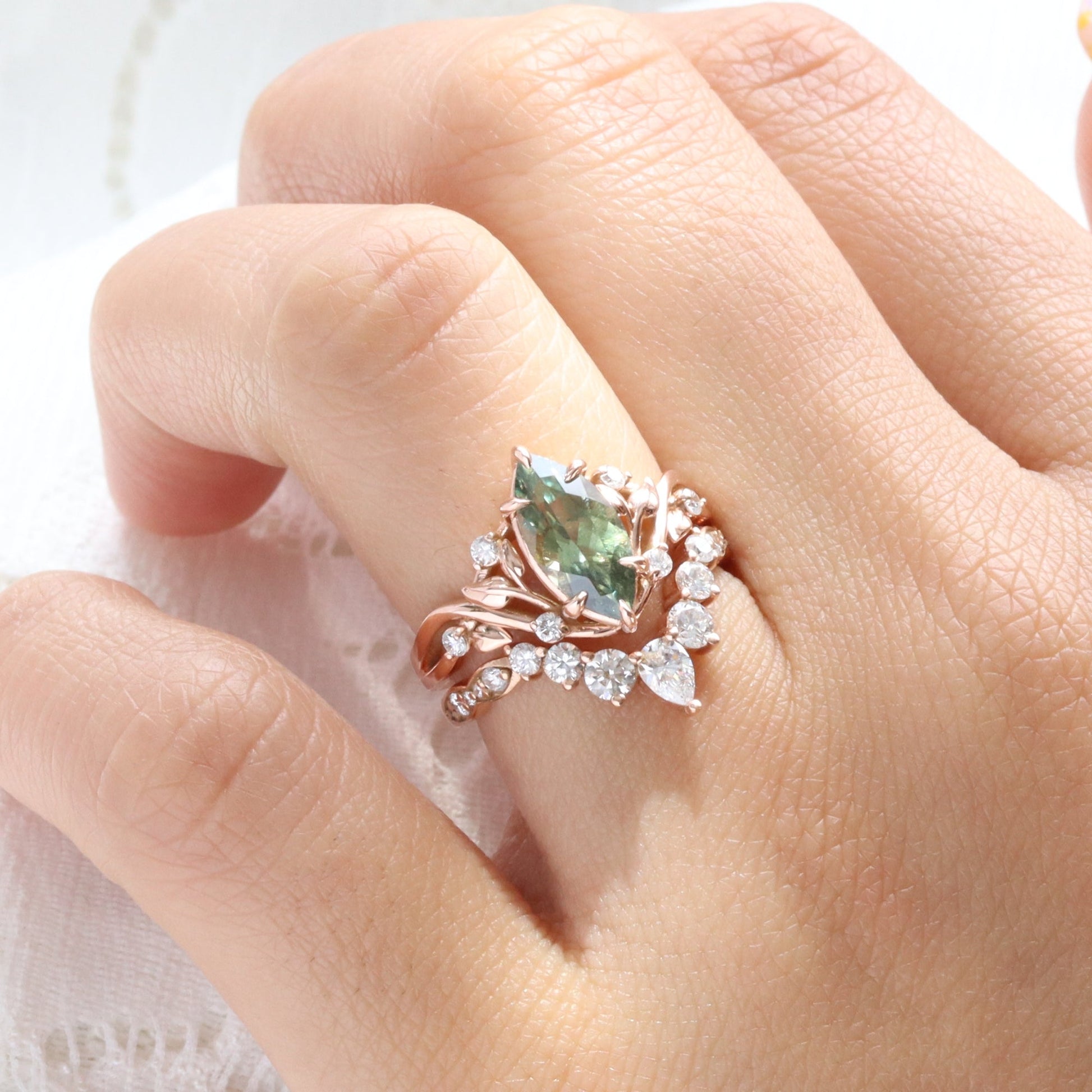 Marquise Parti Green Sapphire Ring in 14k Rose Gold Floral Leaf Diamond Size 6.75