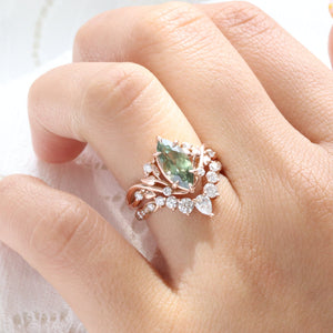 Marquise Parti Green Sapphire Ring in 14k Rose Gold Floral Leaf Diamond Size 6.75