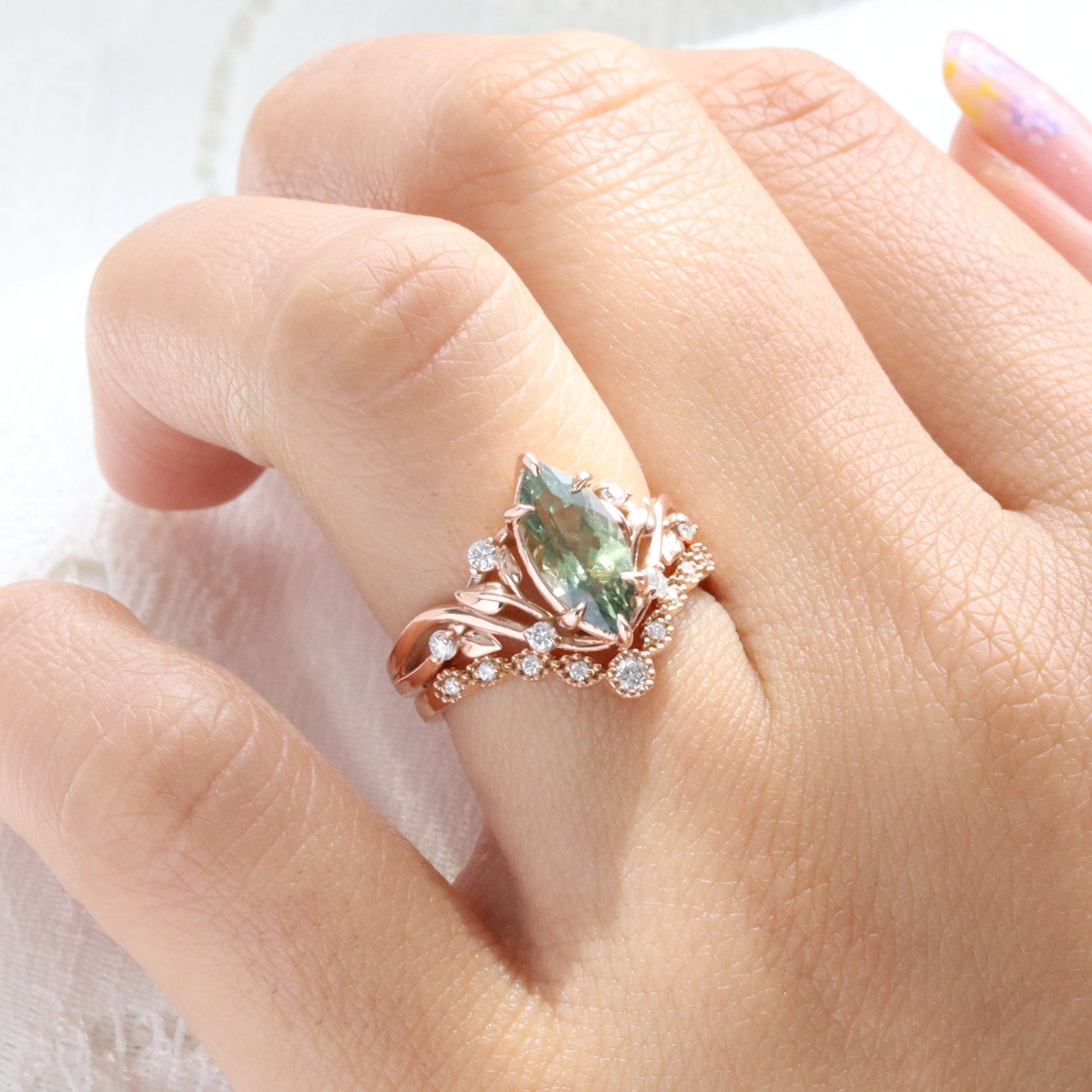 Marquise Parti Green Sapphire Ring in 14k Rose Gold Floral Leaf Diamond Size 6.75