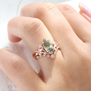 Marquise Parti Green Sapphire Ring in 14k Rose Gold Floral Leaf Diamond Size 6.75