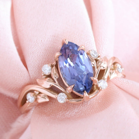 2.2 Ct Marquise Purple Sapphire Ring in 14k Rose Gold Floral Leaf Diamond Size 6.75