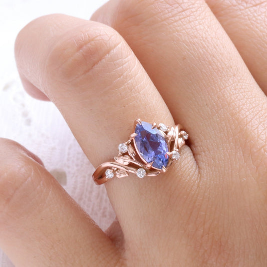 2.2 Ct Marquise Purple Sapphire Ring in 14k Rose Gold Floral Leaf Diamond Size 6.75