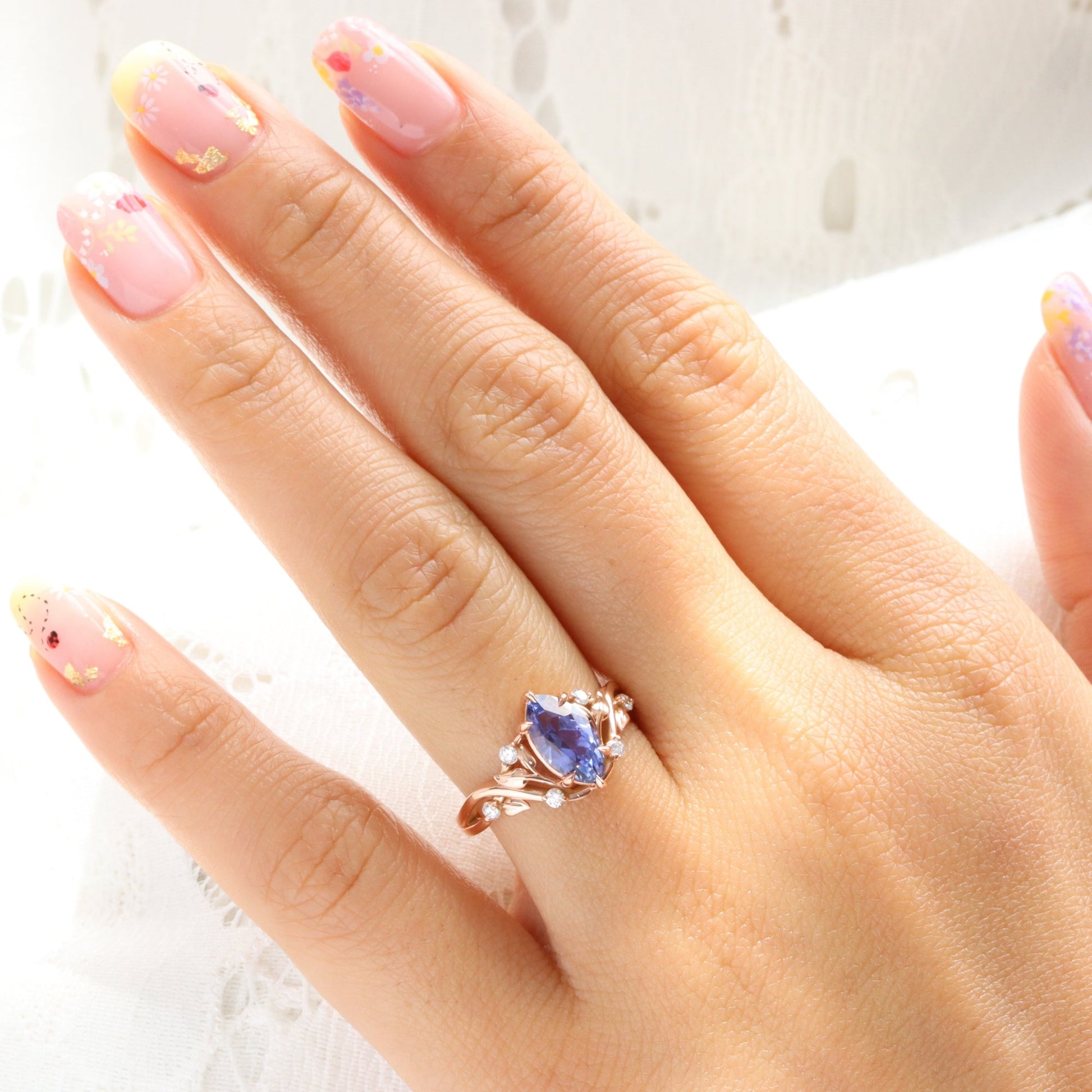 2.2 Ct Marquise Purple Sapphire Ring in 14k Rose Gold Floral Leaf Diamond Size 6.75