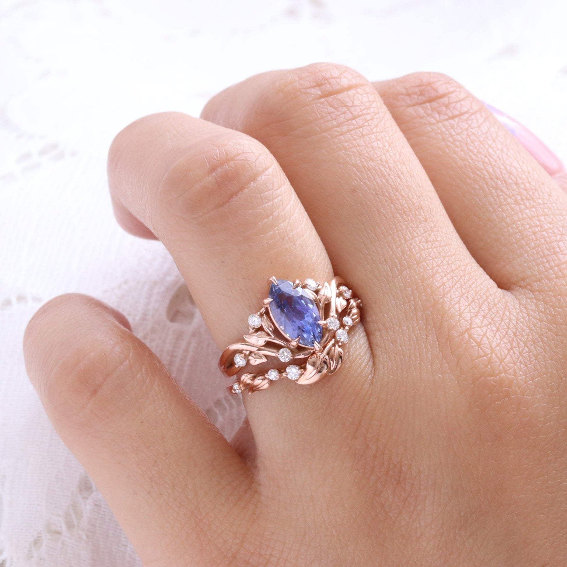 2.2 Ct Marquise Purple Sapphire Ring in 14k Rose Gold Floral Leaf Diamond Size 6.75