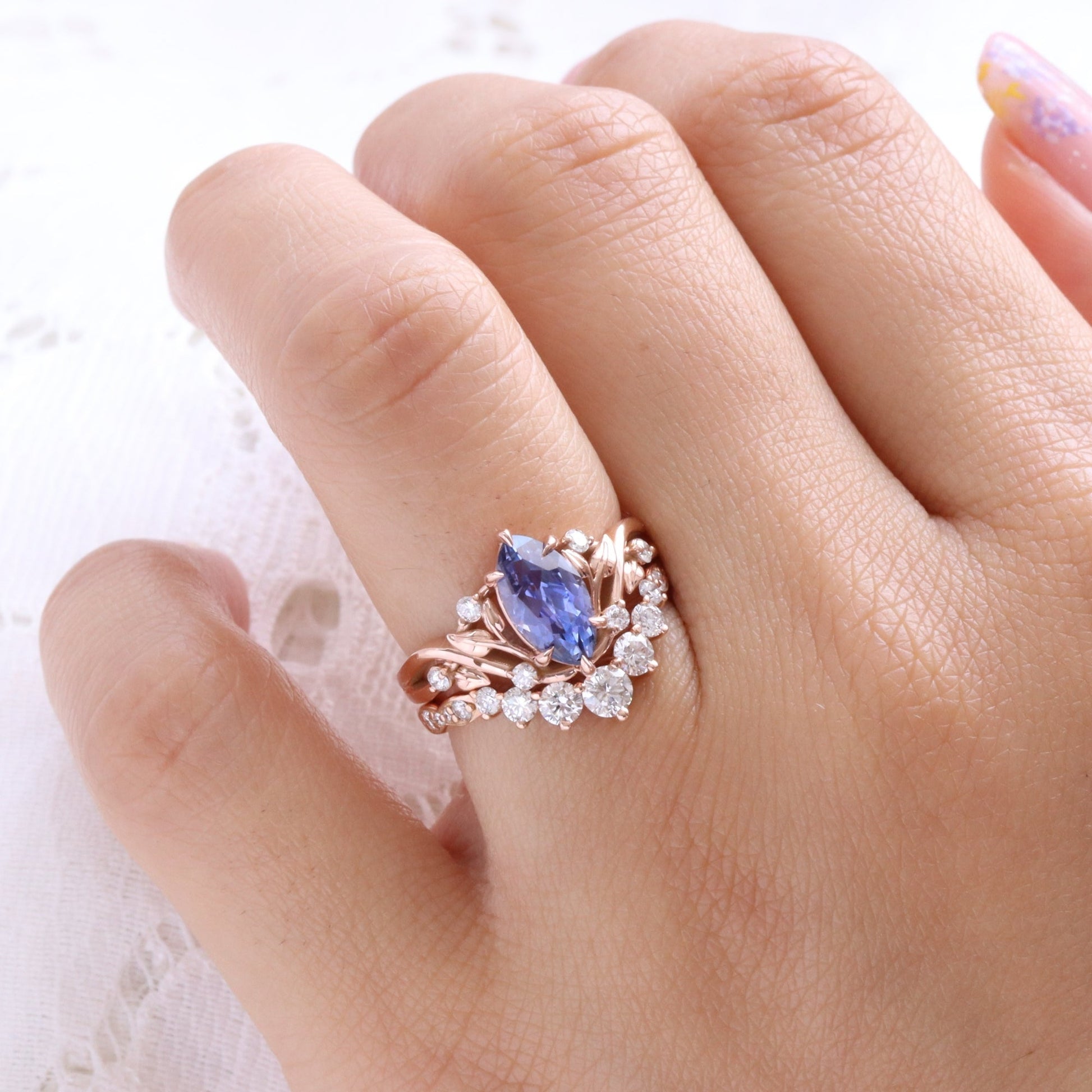 2.2 Ct Marquise Purple Sapphire Ring in 14k Rose Gold Floral Leaf Diamond Size 6.75