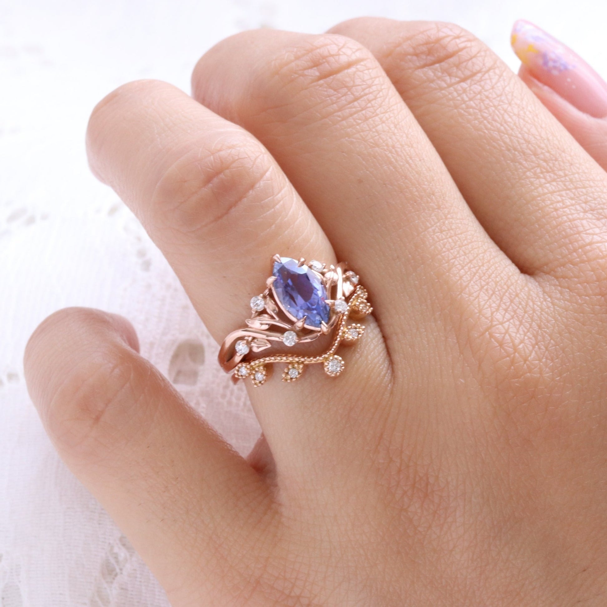 2.2 Ct Marquise Purple Sapphire Ring in 14k Rose Gold Floral Leaf Diamond Size 6.75
