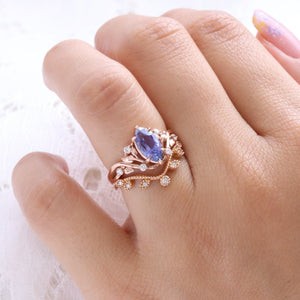 2.2 Ct Marquise Purple Sapphire Ring in 14k Rose Gold Floral Leaf Diamond Size 6.75