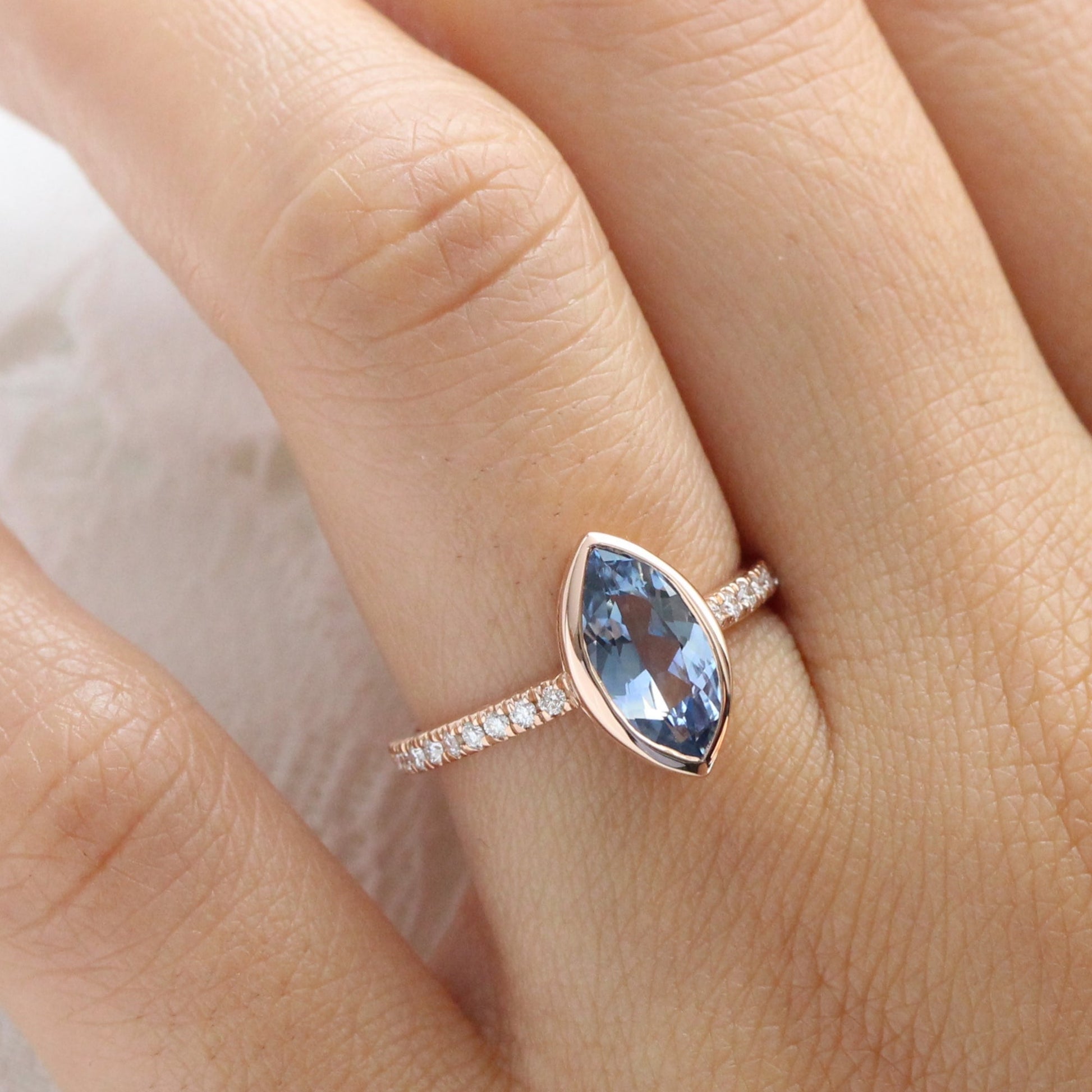 2.02 Ct Marquise Teal Blue Sapphire Ring in 14k Rose Gold Bezel Pave Diamond, Size 6.25