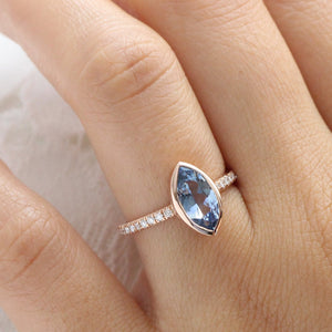 2.02 Ct Marquise Teal Blue Sapphire Ring in 14k Rose Gold Bezel Pave Diamond, Size 6.25