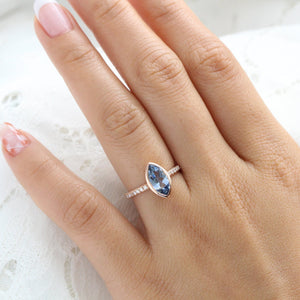 2.02 Ct Marquise Teal Blue Sapphire Ring in 14k Rose Gold Bezel Pave Diamond, Size 6.25