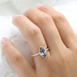 2.02 Ct Marquise Teal Blue Sapphire Ring in 14k Rose Gold Bezel Pave Diamond, Size 6.25