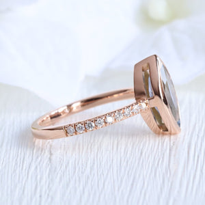 2.02 Ct Marquise Teal Blue Sapphire Ring in 14k Rose Gold Bezel Pave Diamond, Size 6.25