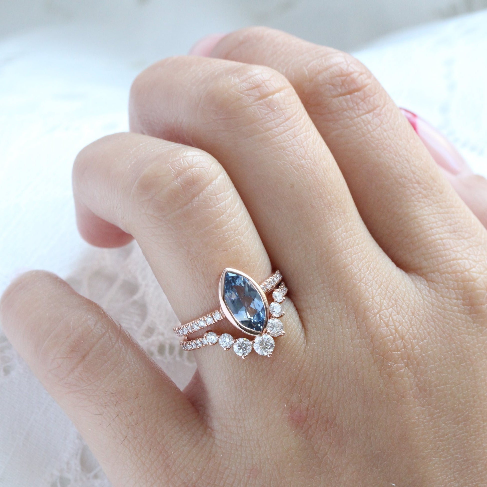 2.02 Ct Marquise Teal Blue Sapphire Ring in 14k Rose Gold Bezel Pave Diamond, Size 6.25