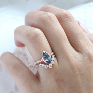 2.02 Ct Marquise Teal Blue Sapphire Ring in 14k Rose Gold Bezel Pave Diamond, Size 6.25