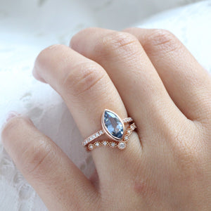 2.02 Ct Marquise Teal Blue Sapphire Ring in 14k Rose Gold Bezel Pave Diamond, Size 6.25
