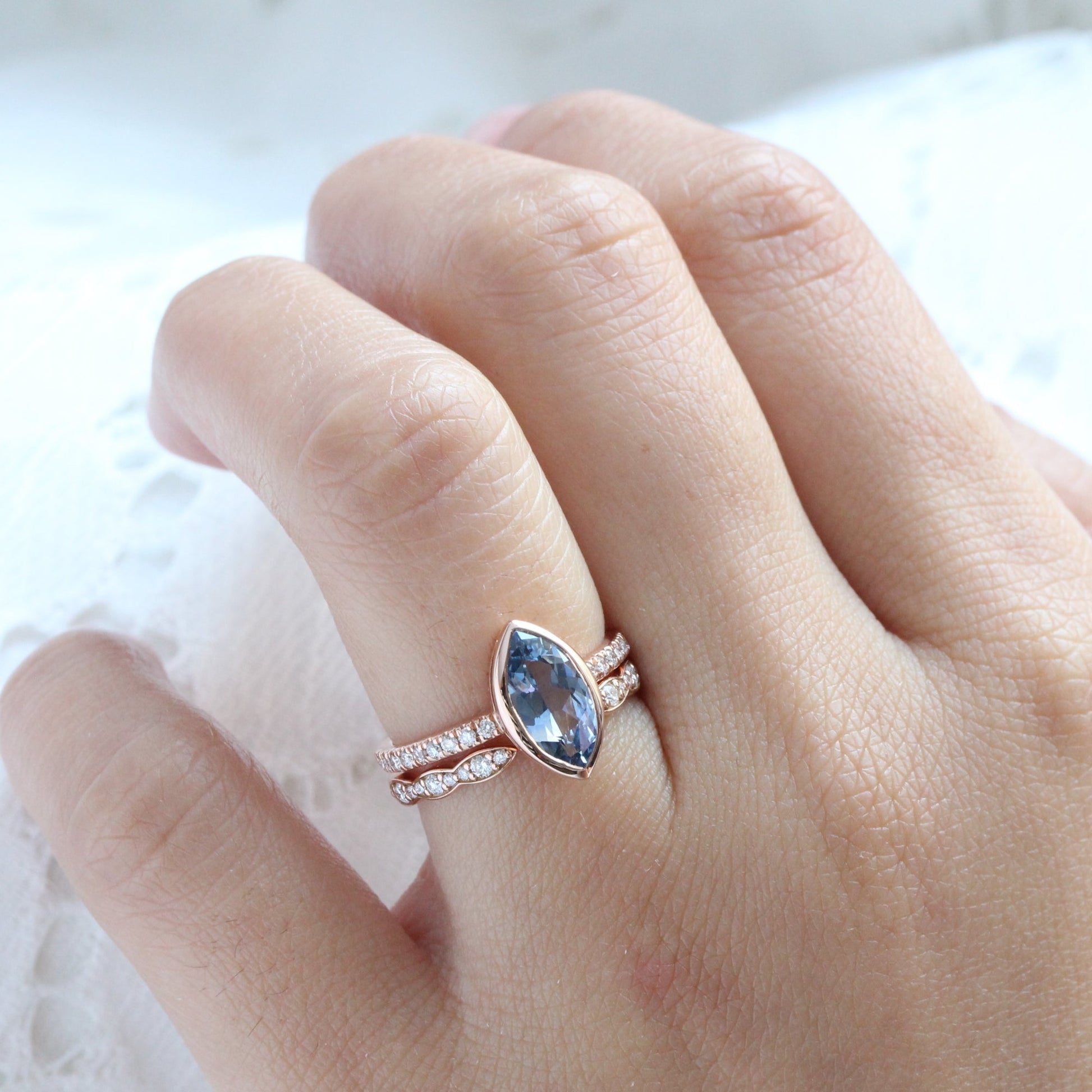 2.02 Ct Marquise Teal Blue Sapphire Ring in 14k Rose Gold Bezel Pave Diamond, Size 6.25