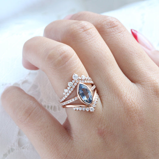 2.02 Ct Marquise Teal Blue Sapphire Ring in 14k Rose Gold Bezel Pave Diamond, Size 6.25