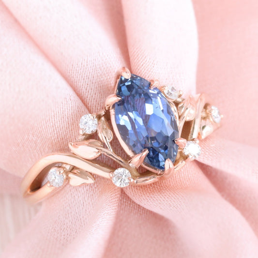 2.12 Ct Marquise Teal Blue Sapphire Ring in 14k Rose Gold Floral Leaf Diamond Size 6.75